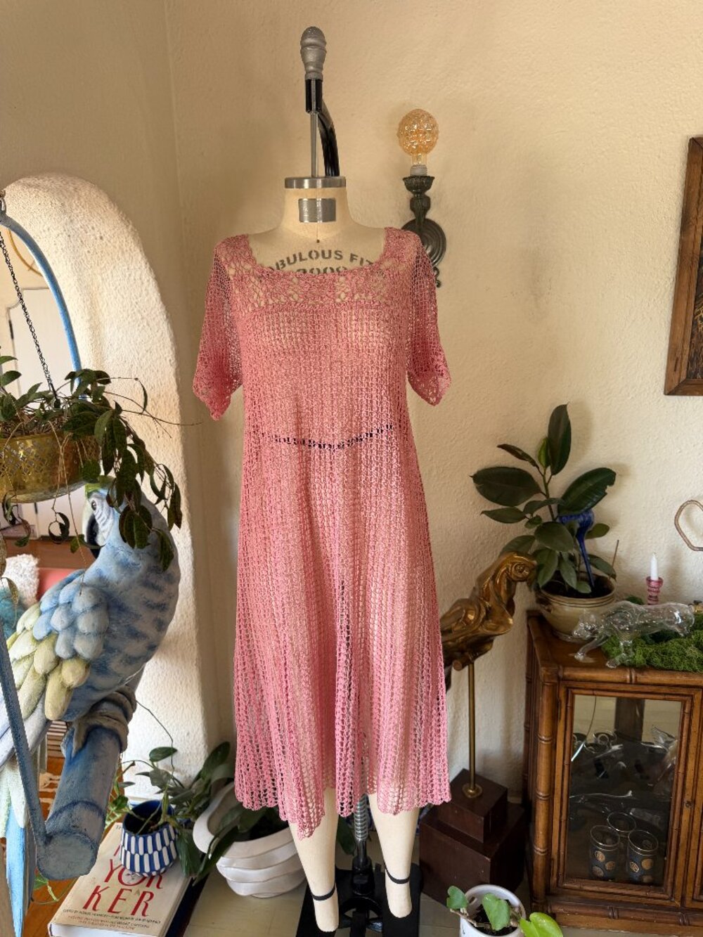 Vintage Deadstock Lim’s Pink Short Sleeve Crochet Midi Dress